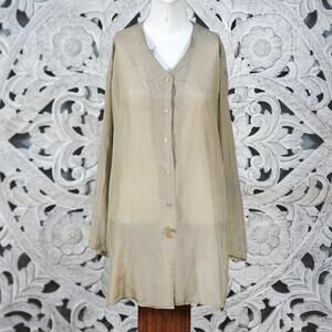 Vintage Bogari 100% Silk Beige Tunic Shirt Women’s M Longline V-Neck Button Up